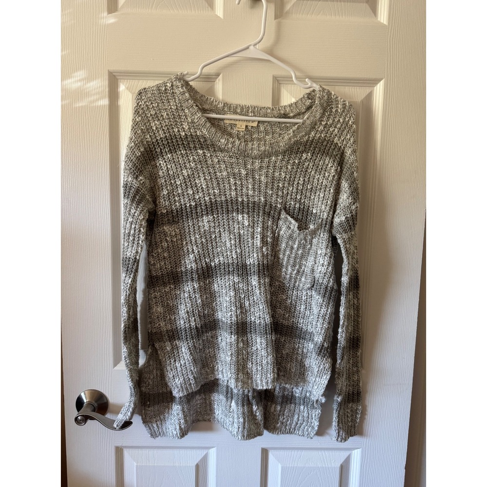 Lovestitch Striped Pocket Knit Sweater Women Small Gray White Boho Pullover